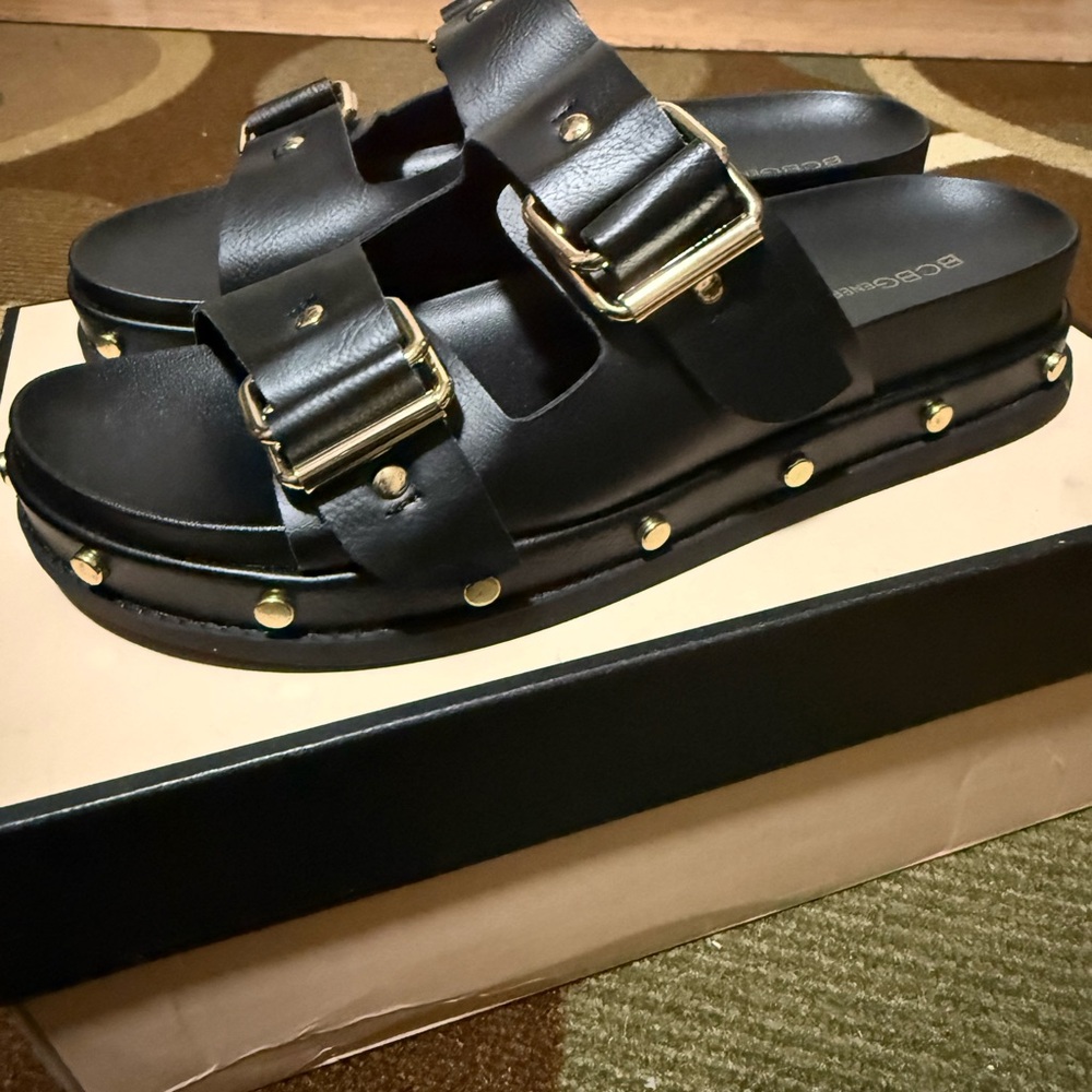 BCBGeneration Black Sandals with Gold Buckles - Picture 2 of 8